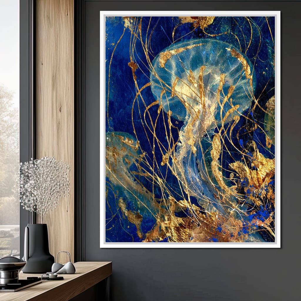 Golden Jellyfish Deep Blue Sea Canvas Wall Art