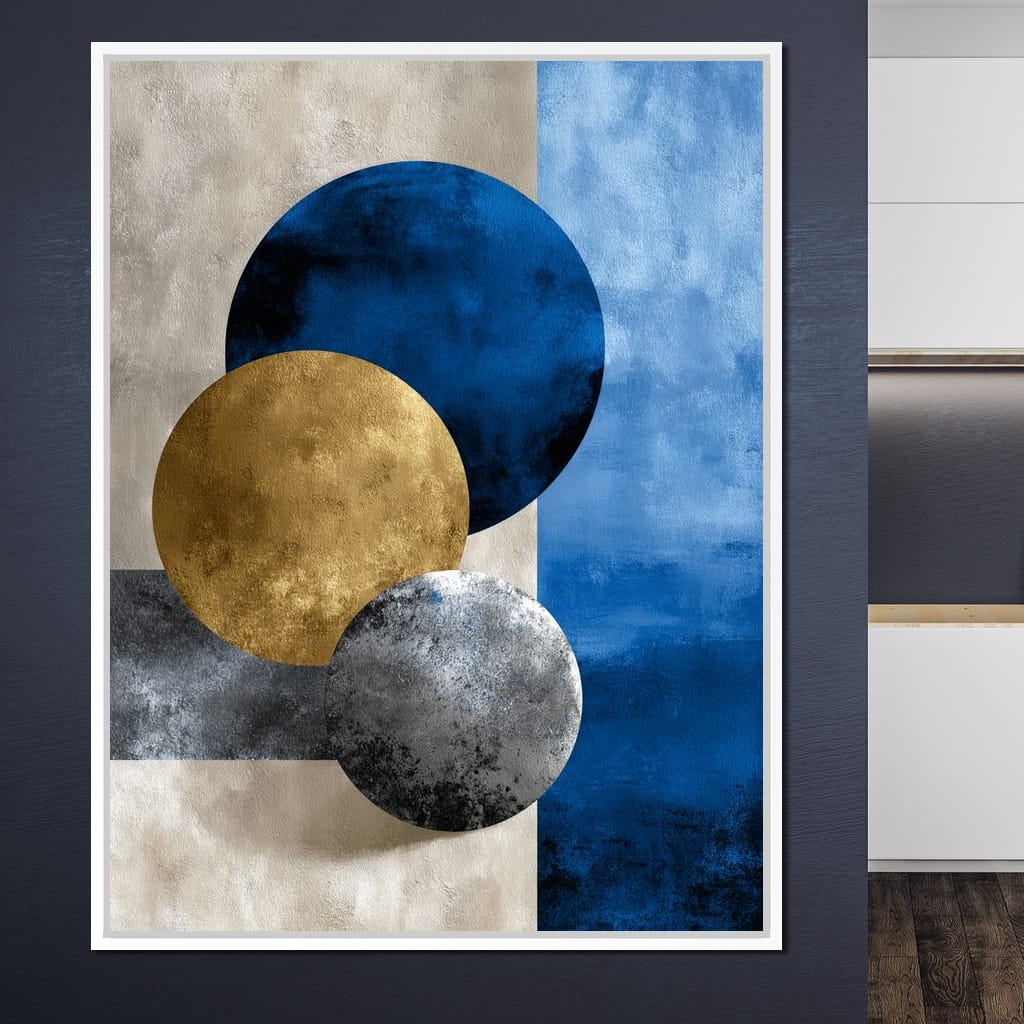 Modern Geometric Blue Gold Orbit Canvas Wall Art