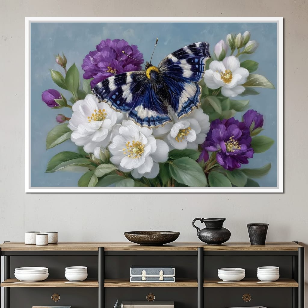 Blue Butterfly Garden Blossom Canvas Wall Art