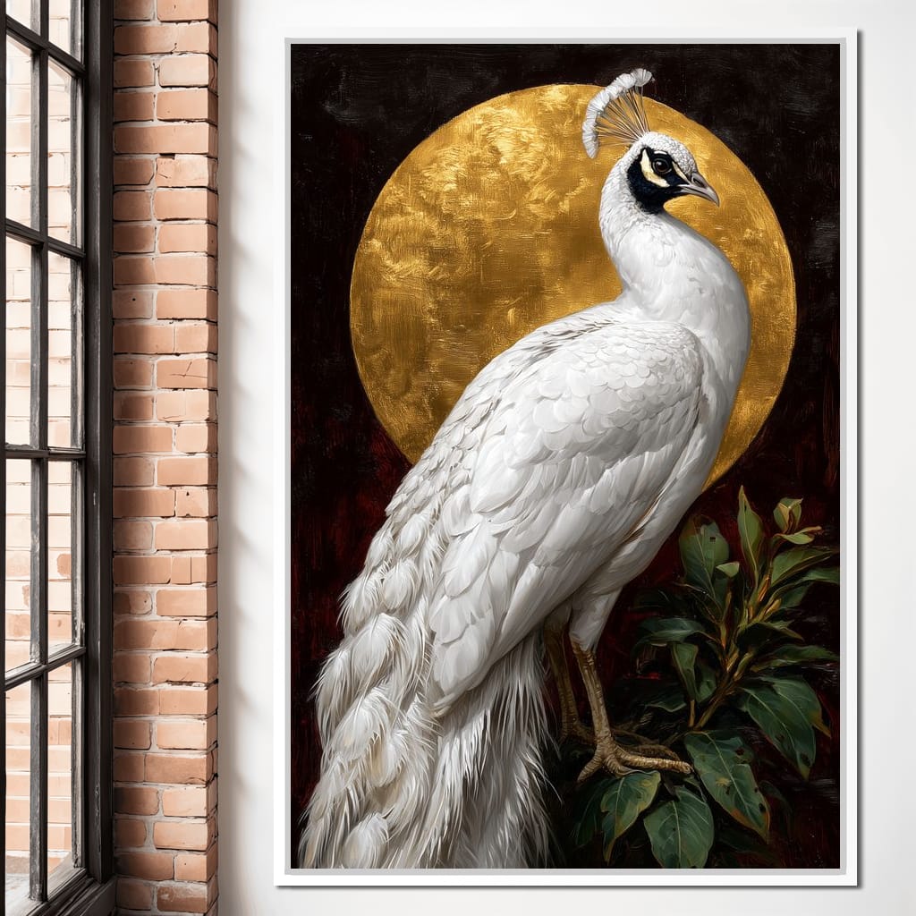 Golden Halo White Peacock Pose Canvas Wall Art