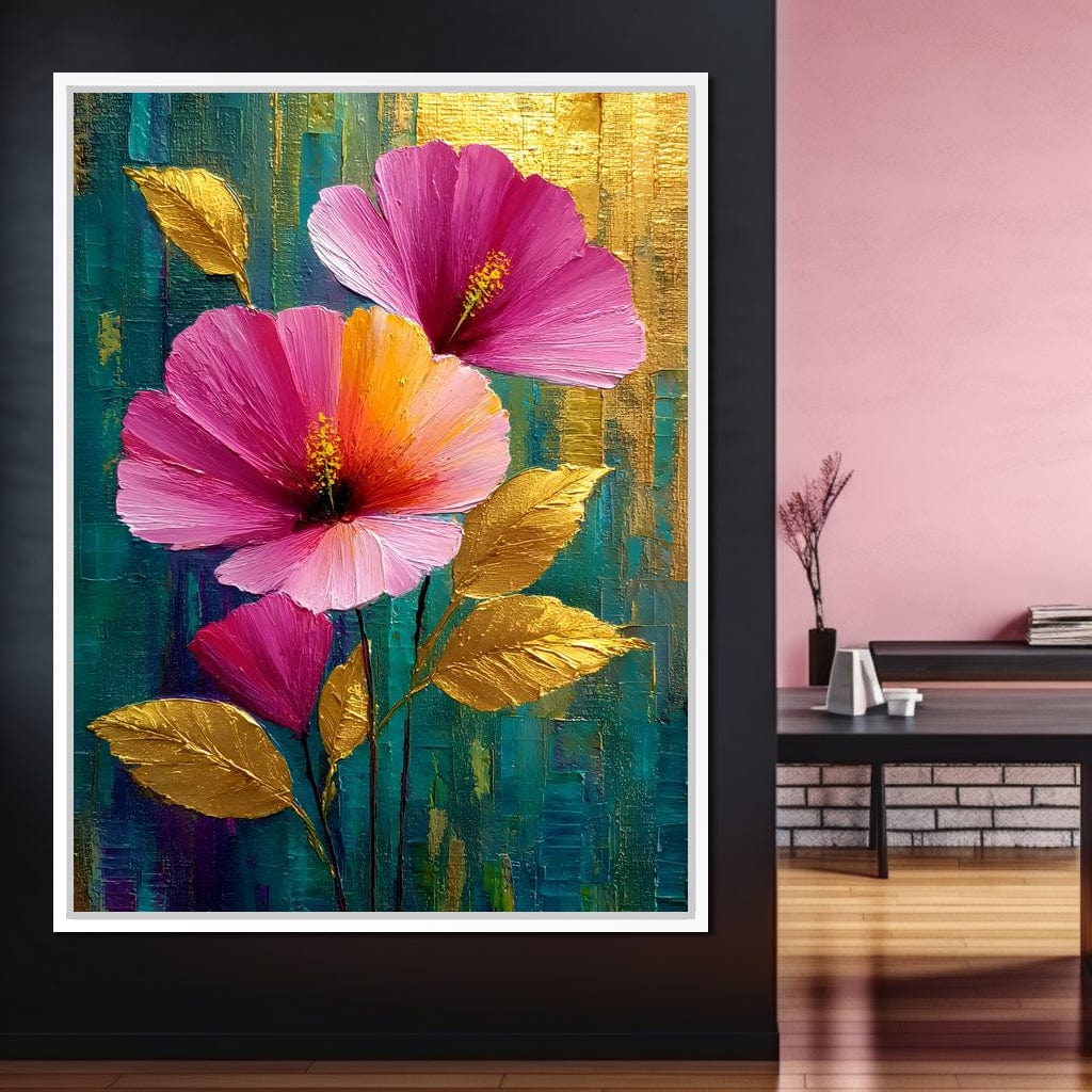 Teal Garden Golden Petals Flourish Canvas Wall Art