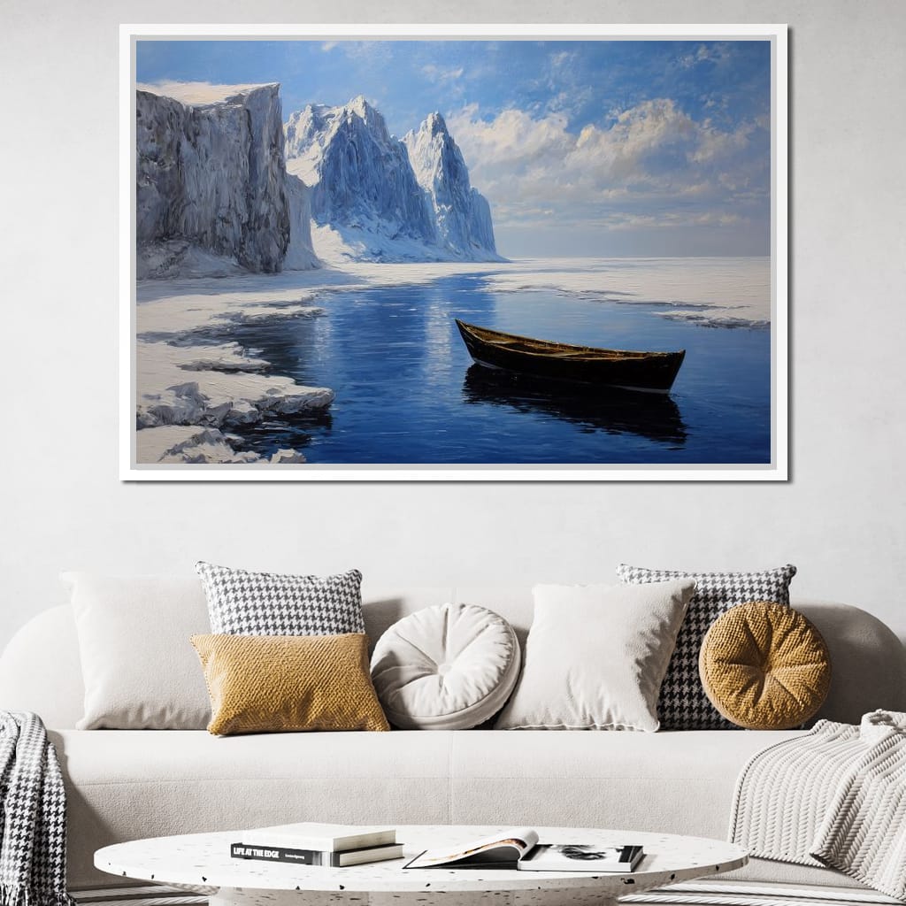 Silent Boat on Frozen Fjord Canvas Wall Art