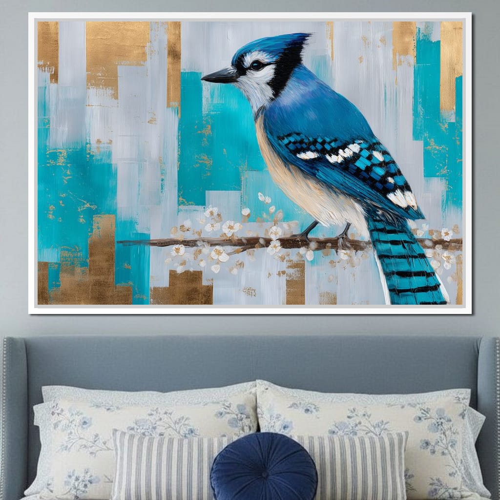 Blue Jay on Golden Birch Canvas Wall Art