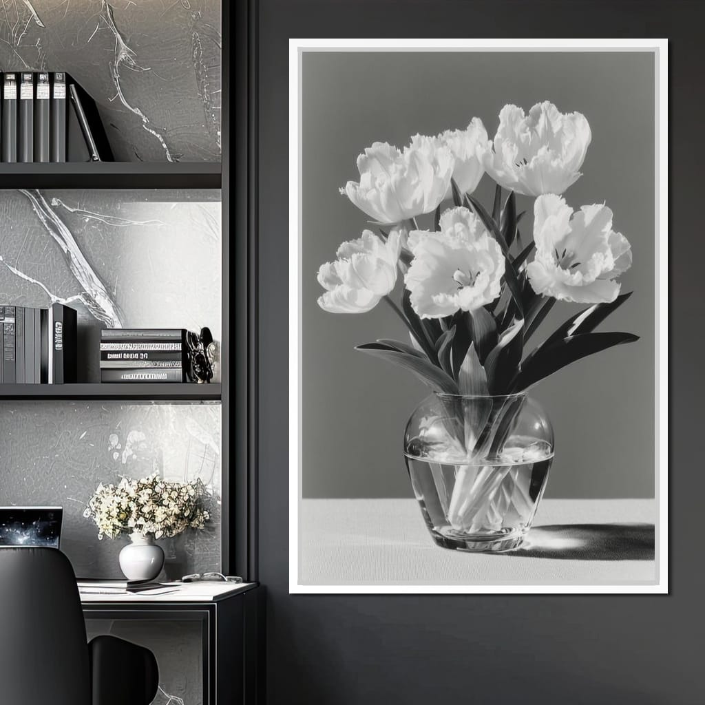 Monochrome Tulips Glass Vase Canvas Wall Art