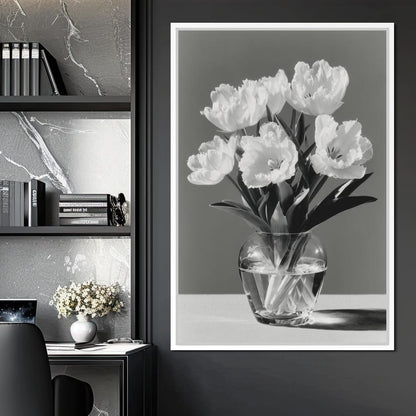 Monochrome Tulips Glass Vase Canvas Wall Art