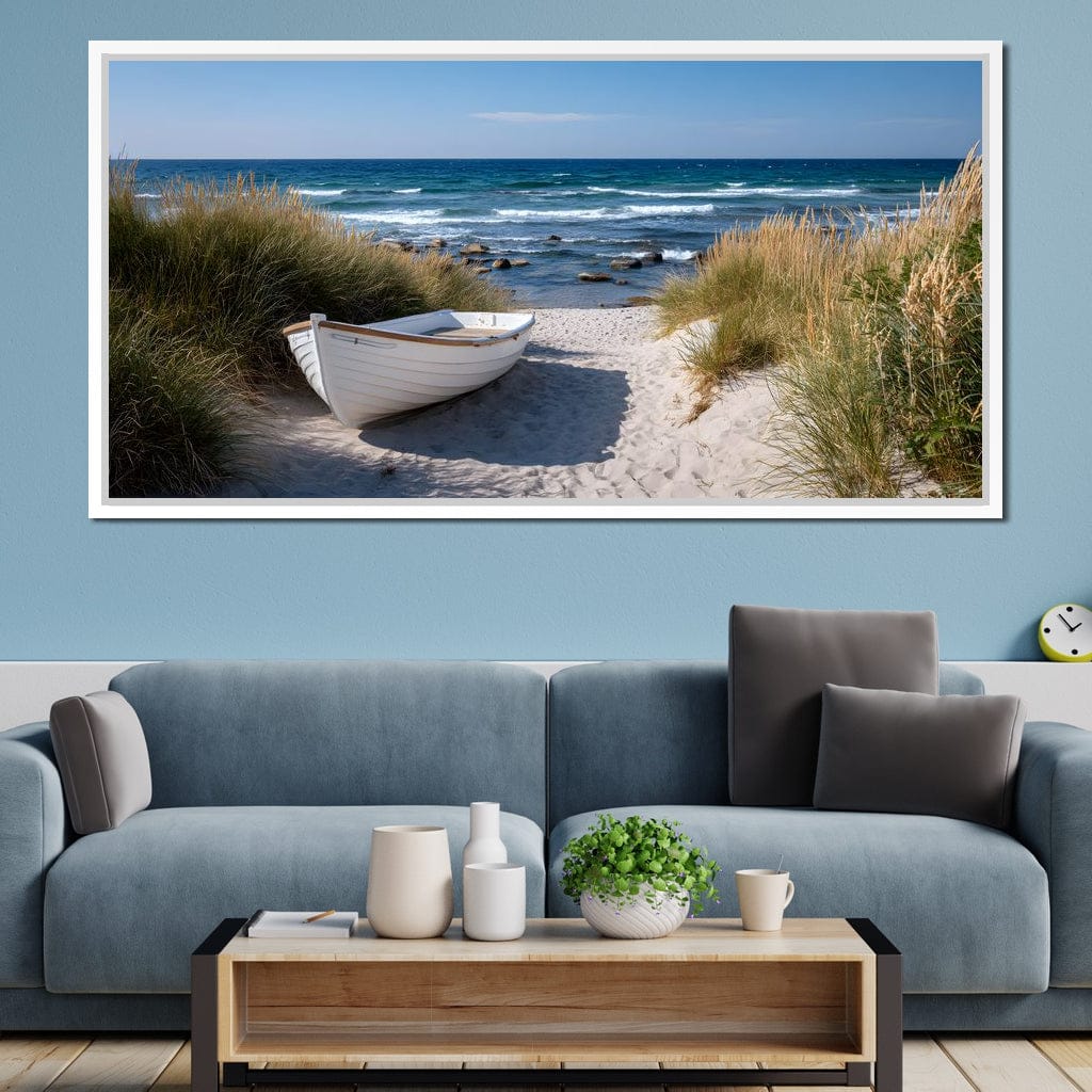 White Rowboat Coastal Dunes Canvas Wall Art