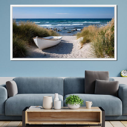 White Rowboat Coastal Dunes Canvas Wall Art