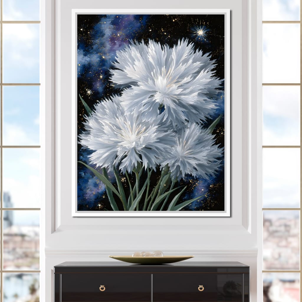 Starlit White Mum Bouquet Canvas Wall Art