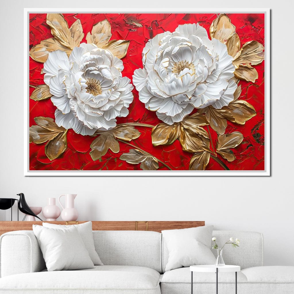 Golden Petals on Ruby Waves Canvas Wall Art