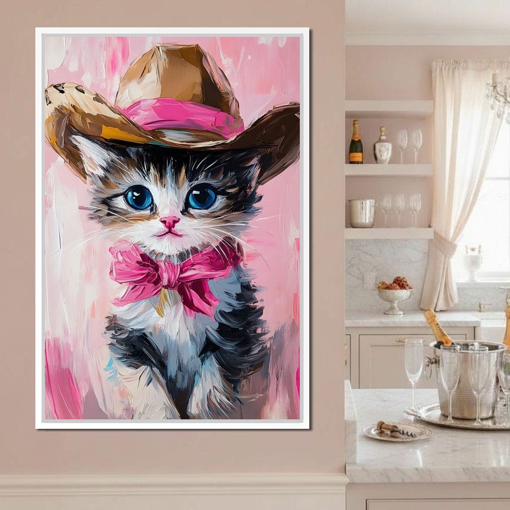 Cowboy Kitten Pink Bow Charm Canvas Wall Art