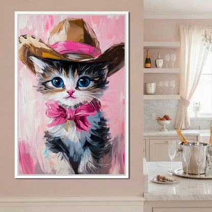 Cowboy Kitten Pink Bow Charm Canvas Wall Art
