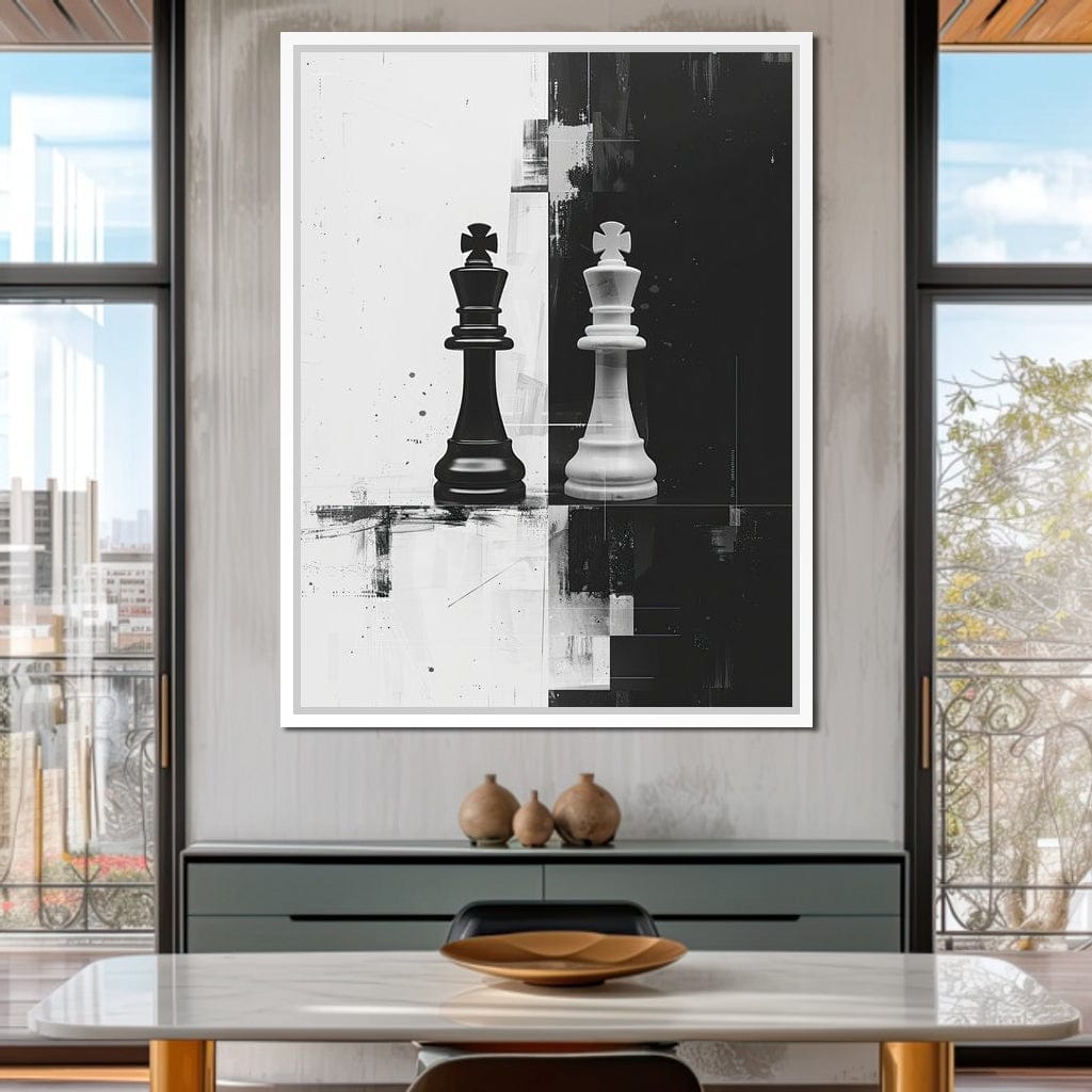 Strategic Chess Duel in Monochrome Canvas Wall Art