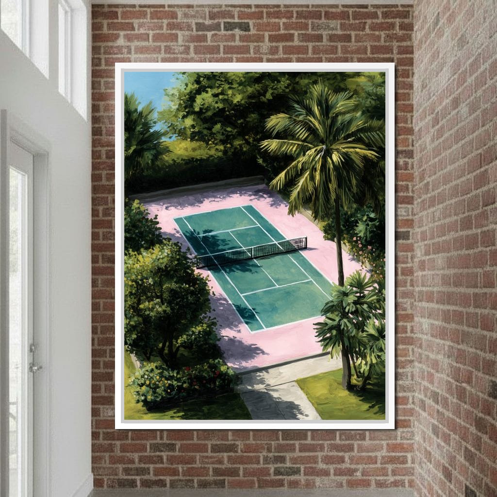 Palm Court Tennis Retreat Scene Canvas Wall Art