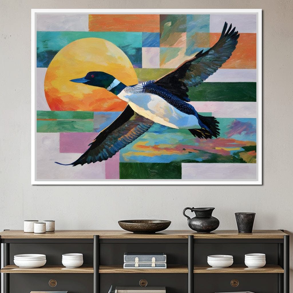 Flying Loon Over Golden Sun Canvas Wall Art