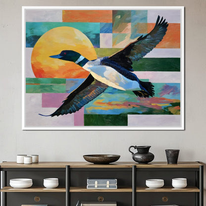 Flying Loon Over Golden Sun Canvas Wall Art