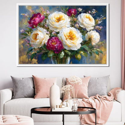 Golden Peonies on Blue Background Canvas Wall Art