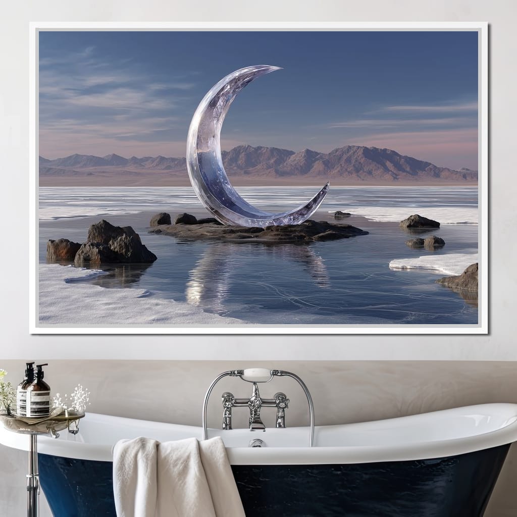 Silver Crescent Over Salt Flats Canvas Wall Art