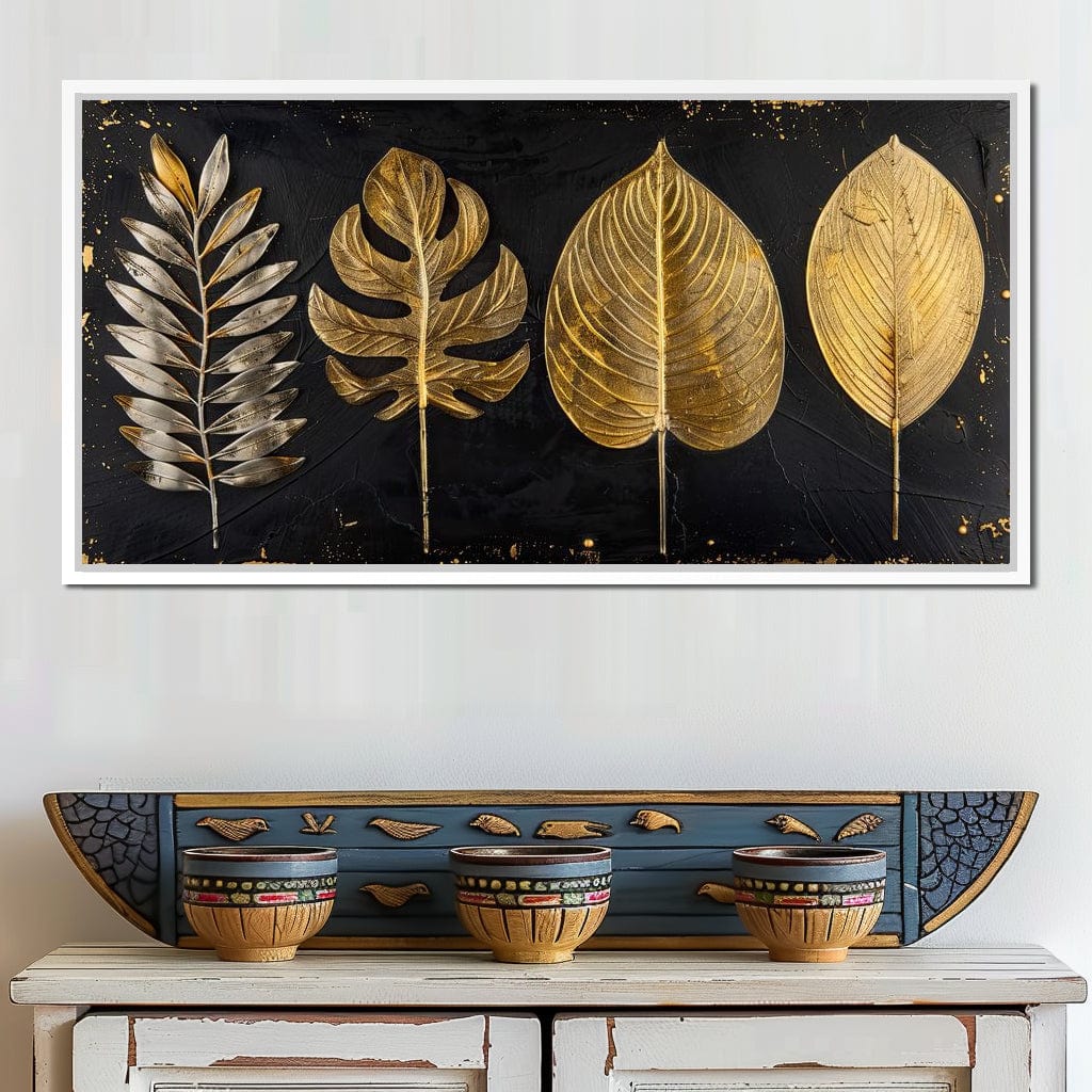 Golden Leaves on Black Background Canvas Wall Art