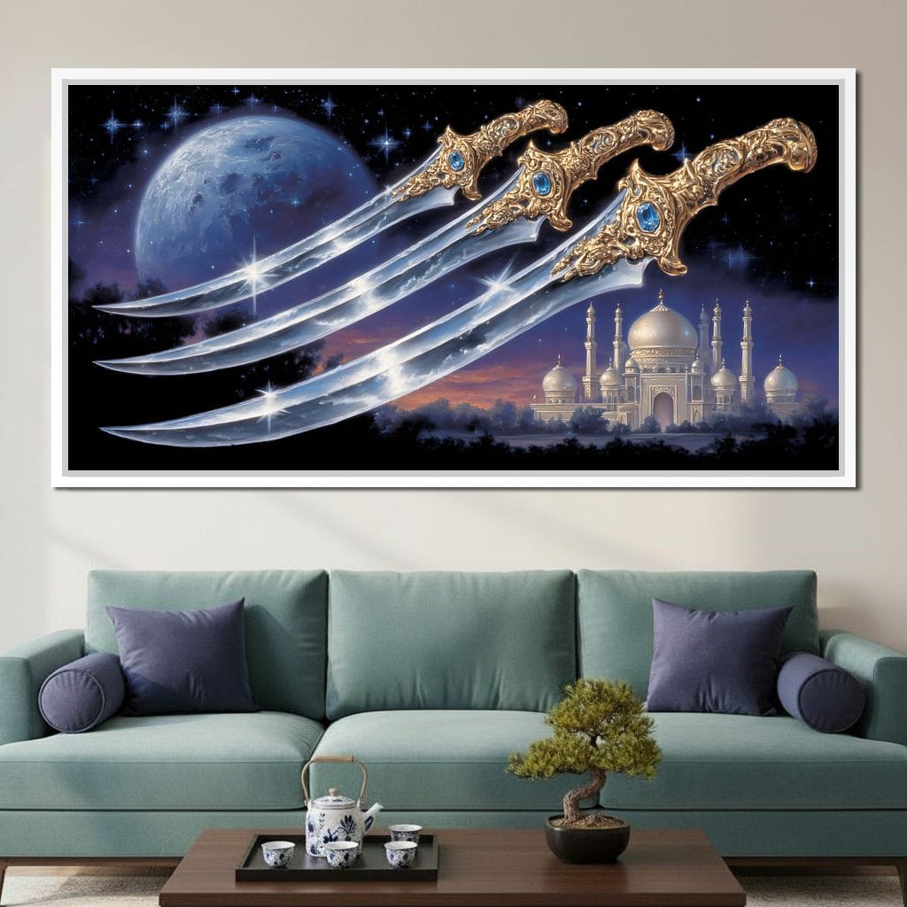 Moonlit Blades Over Golden Palace Canvas Wall Art