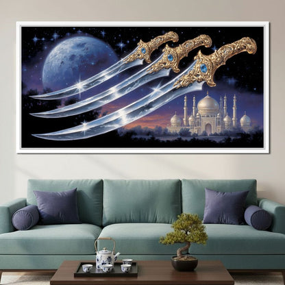 Moonlit Blades Over Golden Palace Canvas Wall Art