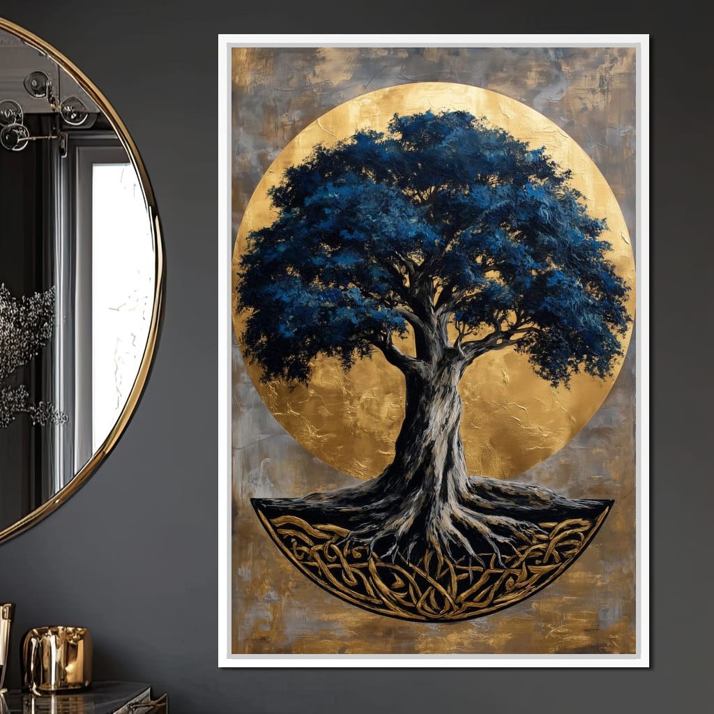 Golden Halo Blue Tree of Life Canvas Wall Art