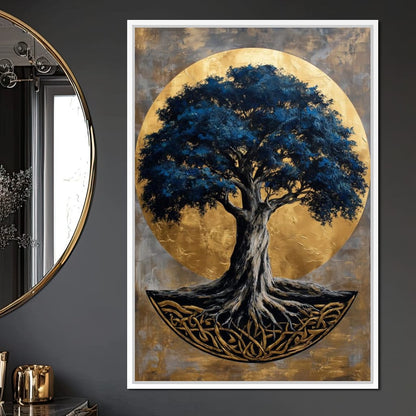 Golden Halo Blue Tree of Life Canvas Wall Art