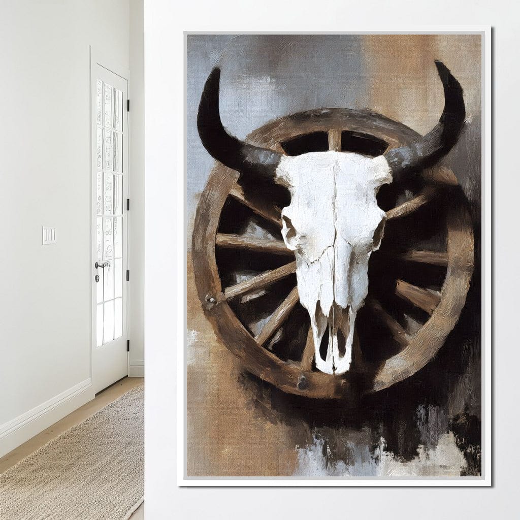 Western Bull Skull Wagon Wheel Canvas Wall Art
