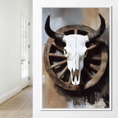 Western Bull Skull Wagon Wheel Canvas Wall Art