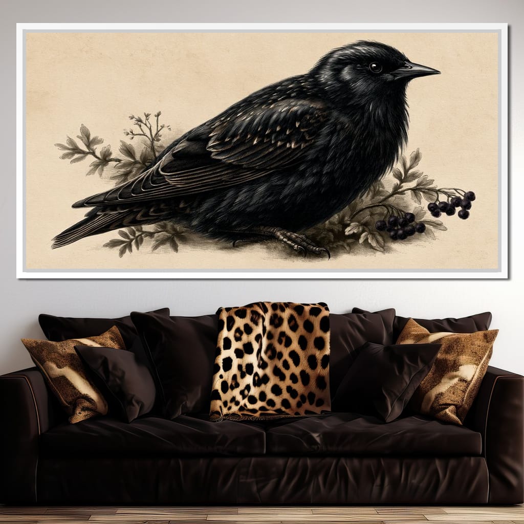 Solitary Starling Perched Upon Wild Berries Canvas Wall Art