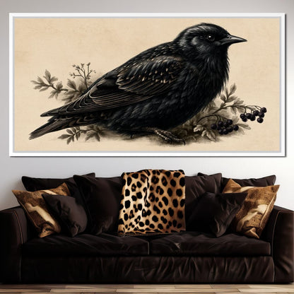 Solitary Starling Perched Upon Wild Berries Canvas Wall Art