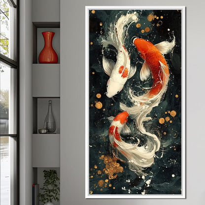Koi Dance Under Golden Moon Canvas Wall Art