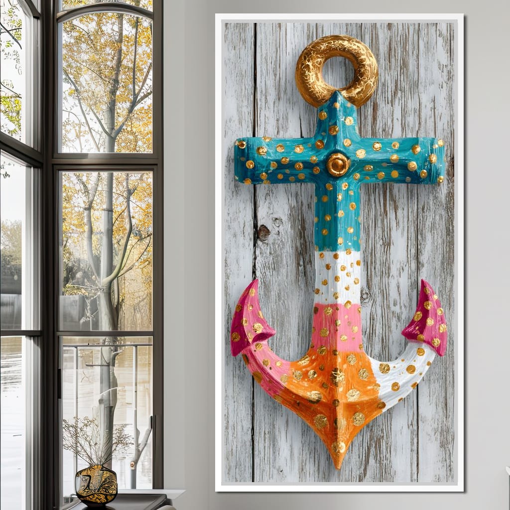Golden Dotted Nautical Anchor Canvas Wall Art