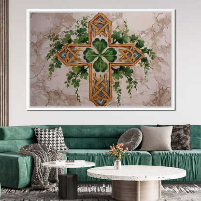 Celtic Cross Clover Wreath Canvas Wall Art