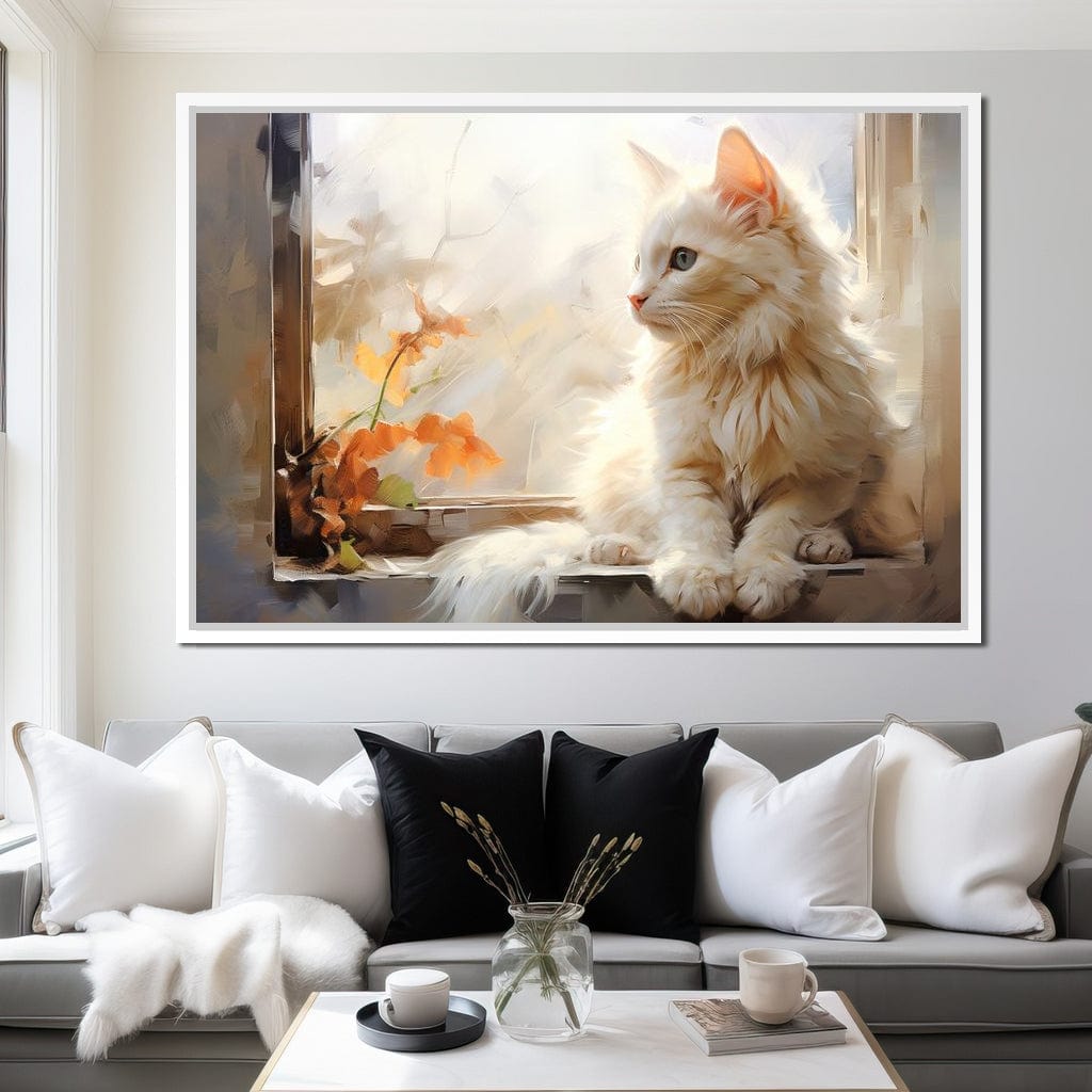 White Cat Sitting on Windowsill Canvas Wall Art