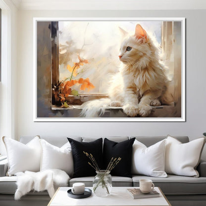 White Cat Sitting on Windowsill Canvas Wall Art