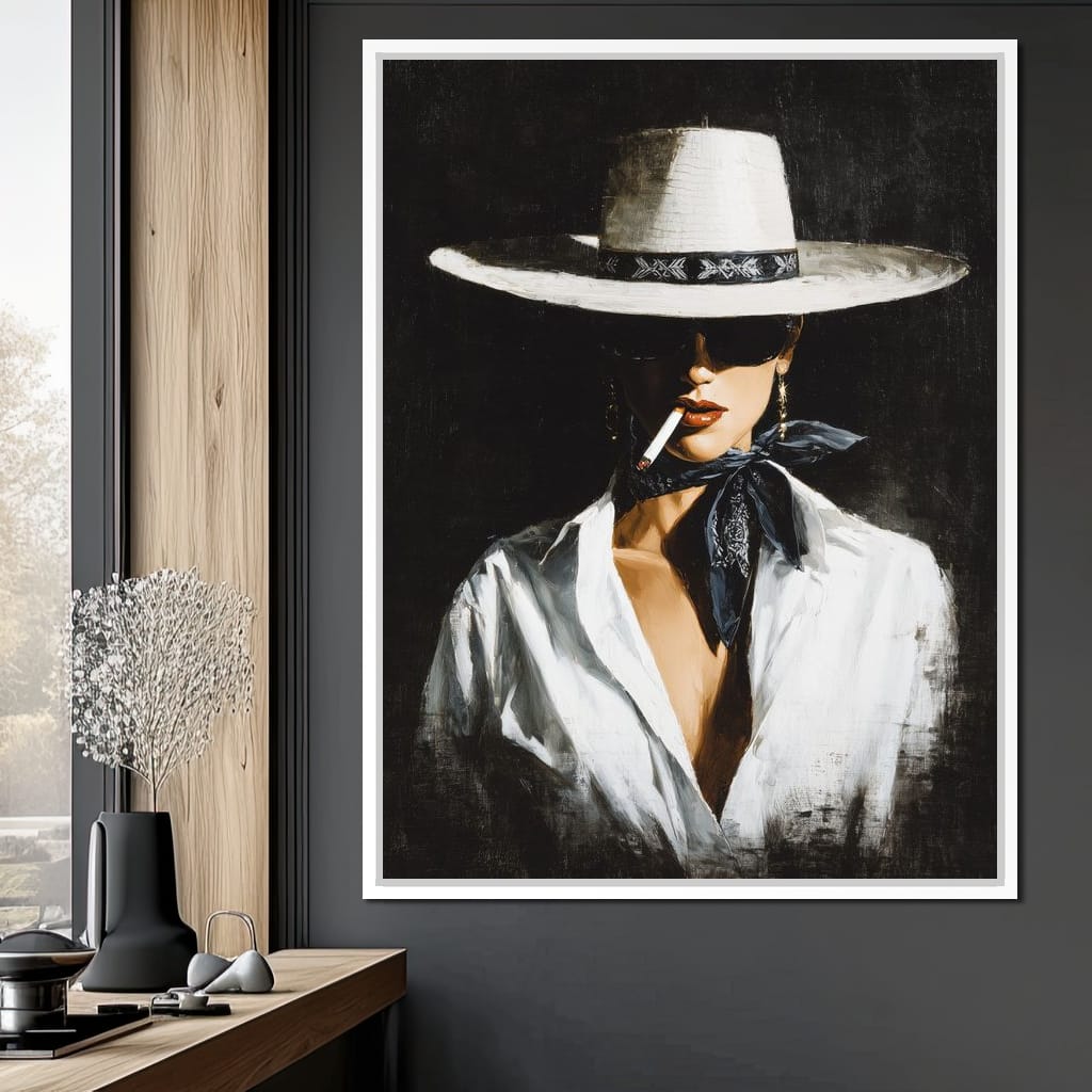 Noir Cowgirl Smoking Portrait Canvas Wall Art