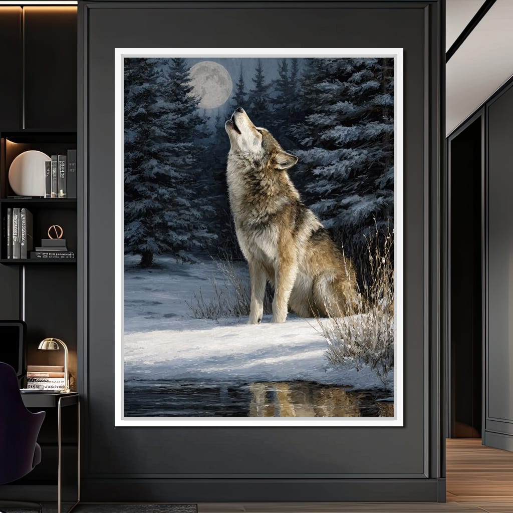 Moonlit Wolf Winter Howl Night Canvas Wall Art