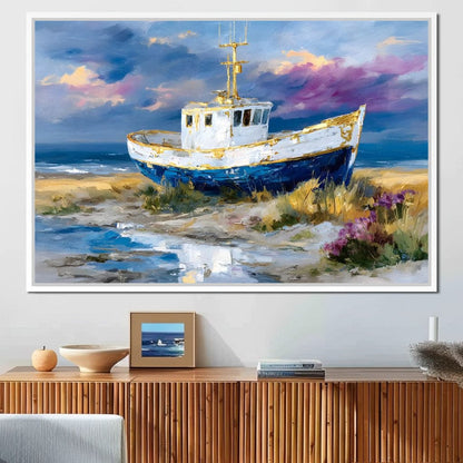 Coastal Boat Under Violet Sky Canvas Wall Art