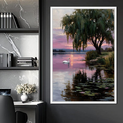 Swan Lake Sunset Willow Tree Canvas Wall Art