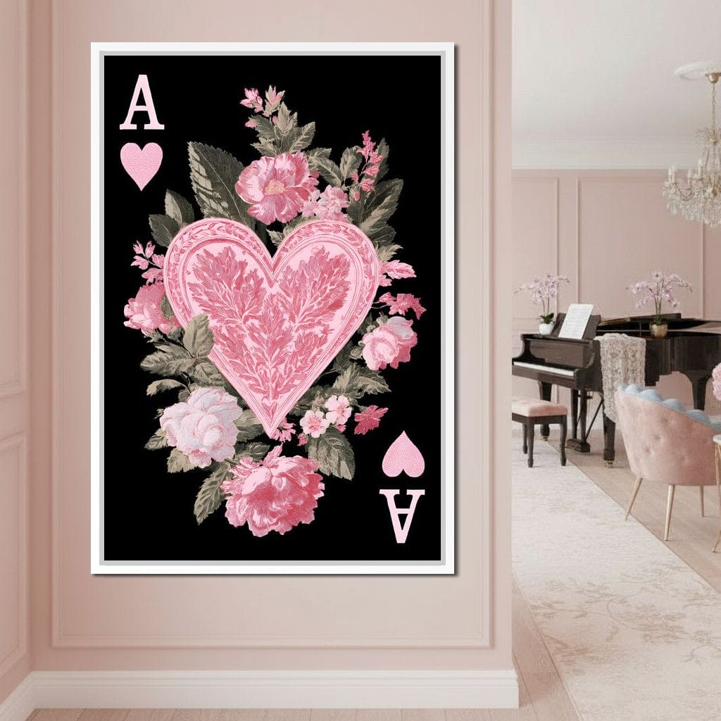 Floral Ace of Hearts Pink Rose Canvas Wall Art