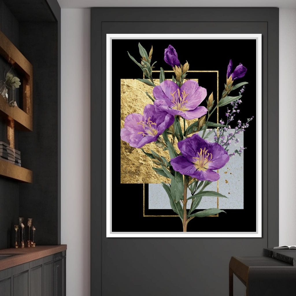 Golden Frame Violet Blossoms Canvas Wall Art