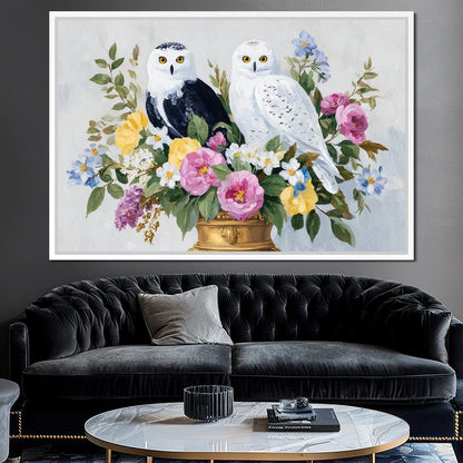 Snowy Owls Floral Canvas Wall Art