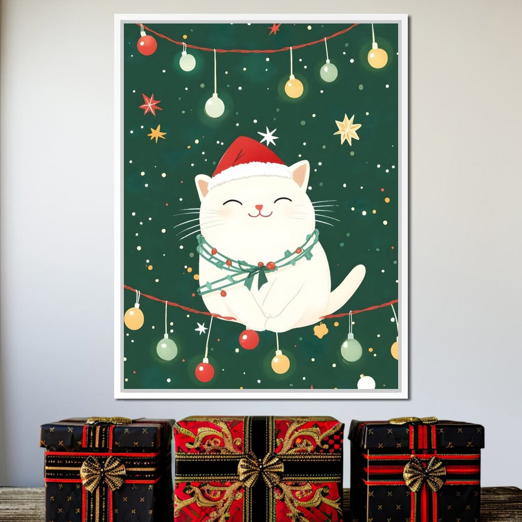 Jolly Santa Kitty Holiday Lights Canvas Wall Art