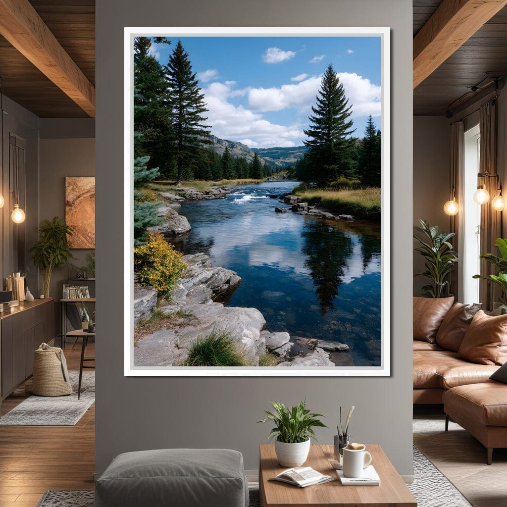 Mountain River Pines Reflection Canvas Wall Art