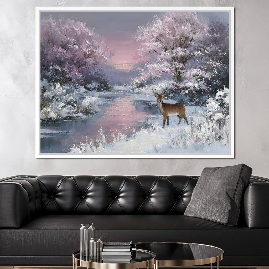 Winter River Deer Sunset Glow Canvas Wall Art