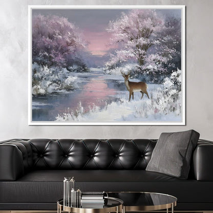 Winter River Deer Sunset Glow Canvas Wall Art