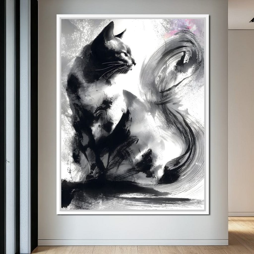 Sumi Ink Cat Reflecting Shadow Canvas Wall Art