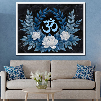 Om Symbol Blue Lotus Wreath Canvas Wall Art