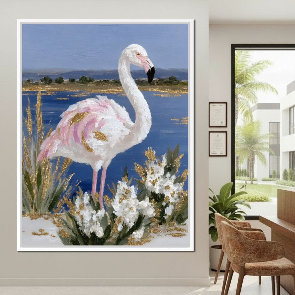 Coastal Flamingo Gold Glint Canvas Wall Art