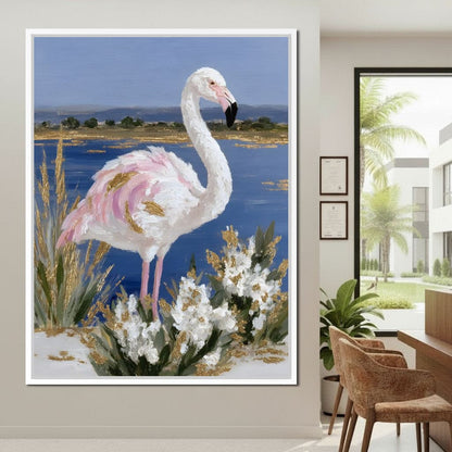 Coastal Flamingo Gold Glint Canvas Wall Art